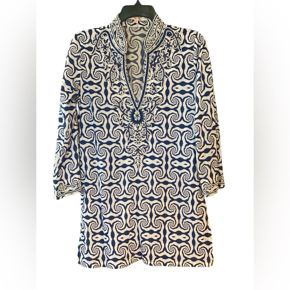 Barbara Gerwit Sz S Blue & White Heavily Beaded Design Cotton Beach SummerTunic